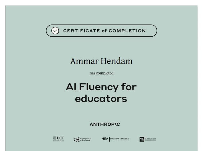 Certificate of Completion — AI Fluency for educators, Anthropic