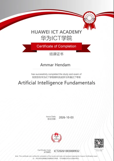 Certificate — Artificial Intelligence Fundamentals, Huawei ICT Academy