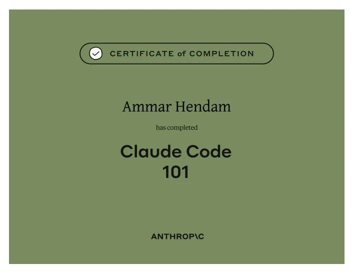 Certificate of Completion — Claude Code 101, Anthropic
