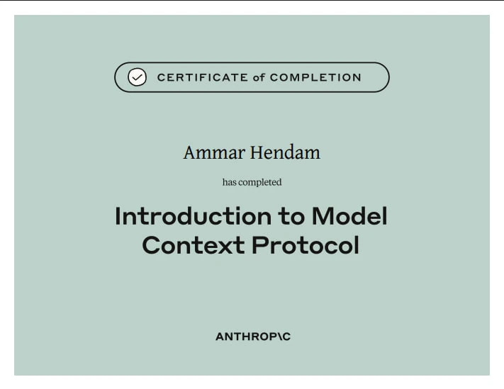 Certificate of Completion — Introduction to Model Context Protocol, Anthropic